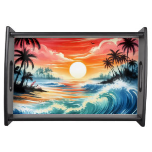 Orange Sunset Japanese Ink Style Beach Art Serving Tray
