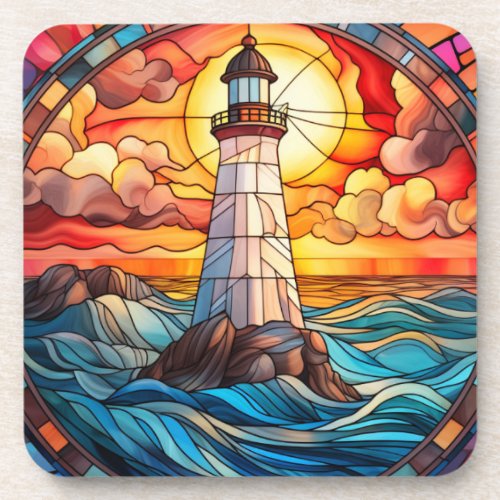 Orange Sunset Lighthouse Stained Glass Beverage Coaster