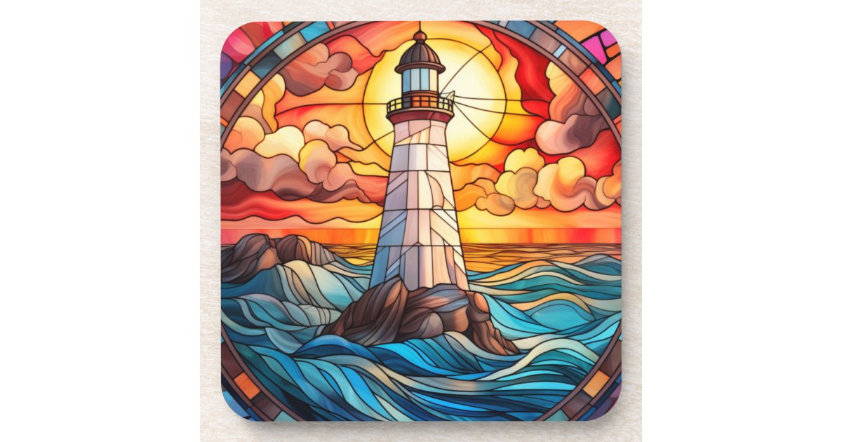 Orange Sunset Lighthouse Stained Glass Beverage Coaster | Zazzle