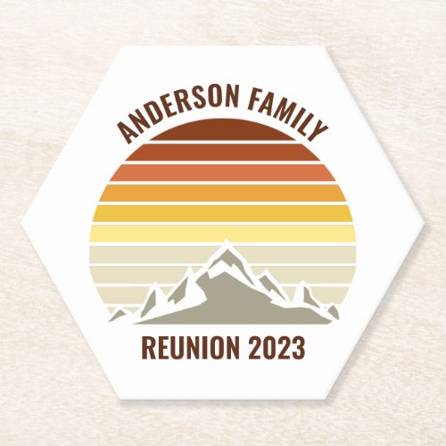 Orange Sunset Mountain Custom Family Reunion Party Paper Coaster
