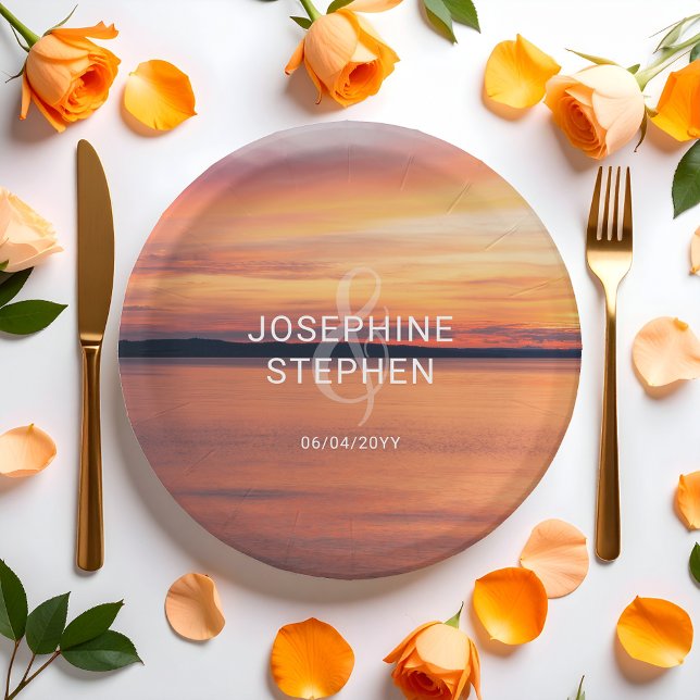 Orange Sunset Over Lake Couple's Names Wedding Paper Plates (Creator Uploaded)