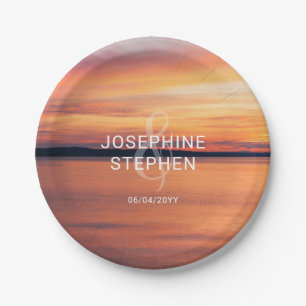 Orange Sunset Over Lake Couple's Names Wedding Paper Plates