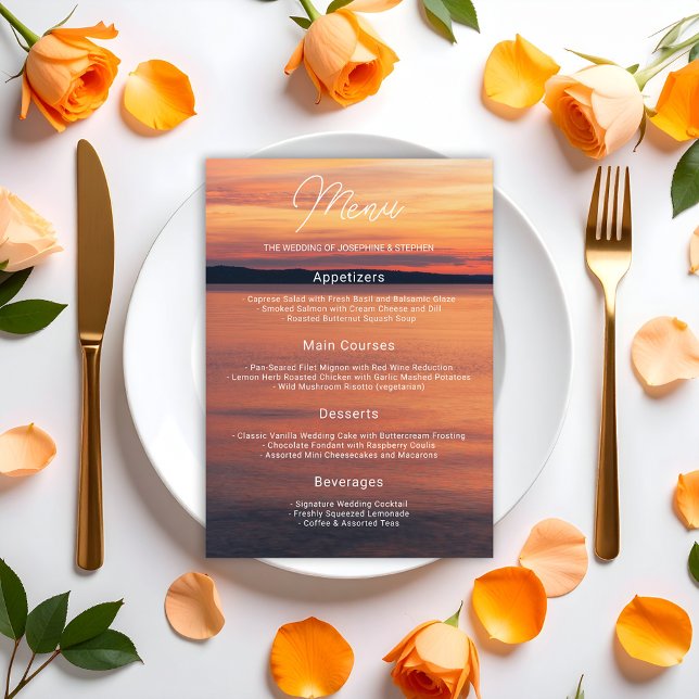 Orange Sunset Over Lake Water Meal Options Wedding Menu (Creator Uploaded)