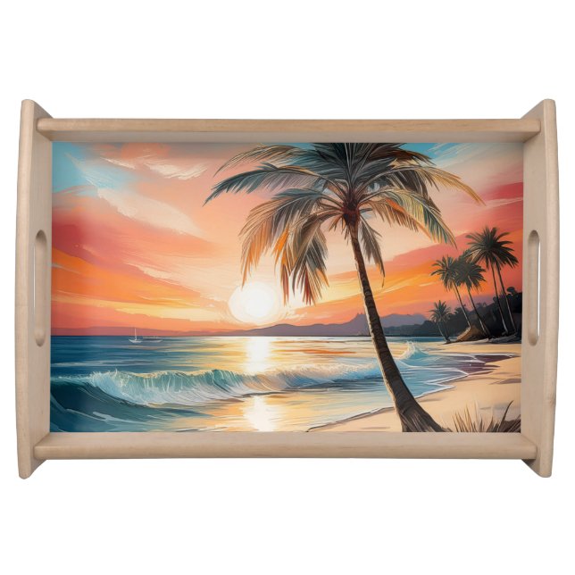 Orange Sunset Palm Tree Tropical Beach Coastal Serving Tray (Front)