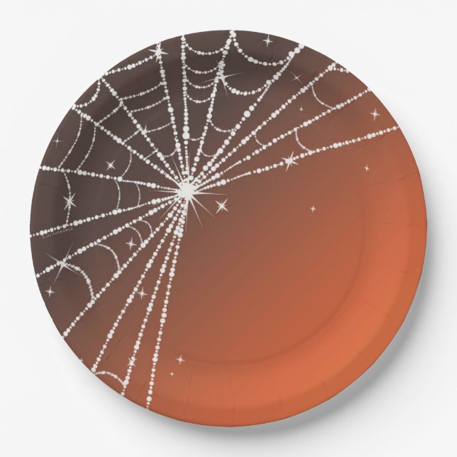 Orange Sunset Sparkling Diamond Spider Web Paper Plates (Front)