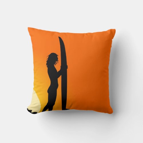 Orange Sunset surfer girl with surfboard Throw Pillow