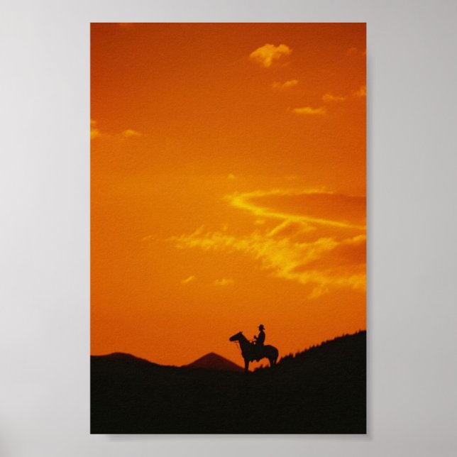 Orange Sunset with Cowboy Silhouette Poster (Front)