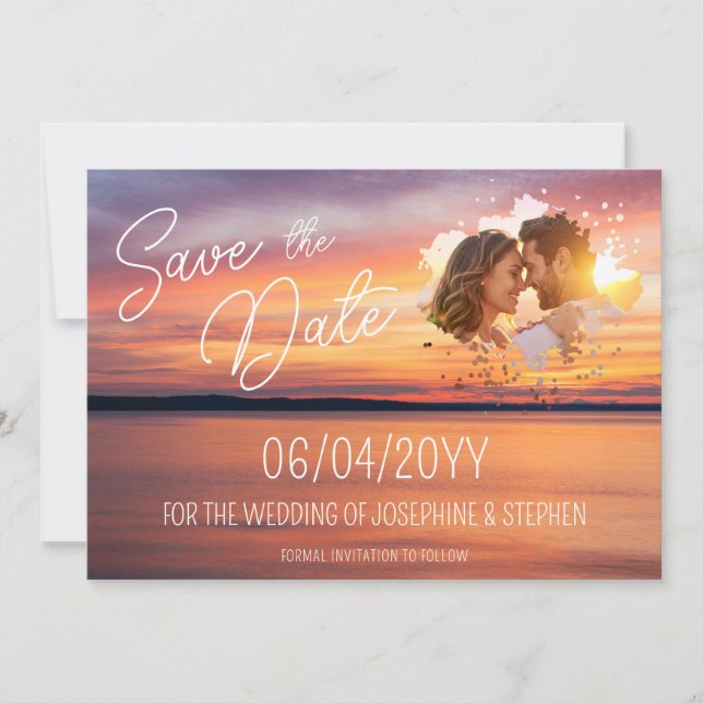 Orange Sunset With Custom Couple's Photo Wedding Save The Date (Front)