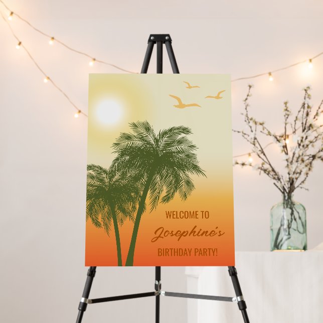 Orange Sunset With Palm Trees Birthday Welcome Foam Board (In Situ (Stand))