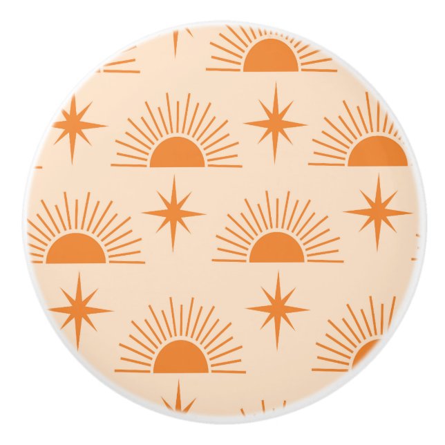Orange Sunshine with Mid Century Starbursts  Ceramic Knob (Front)
