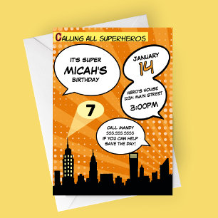 Orange Superheros Comic Book Styled Birthday Party Invitation