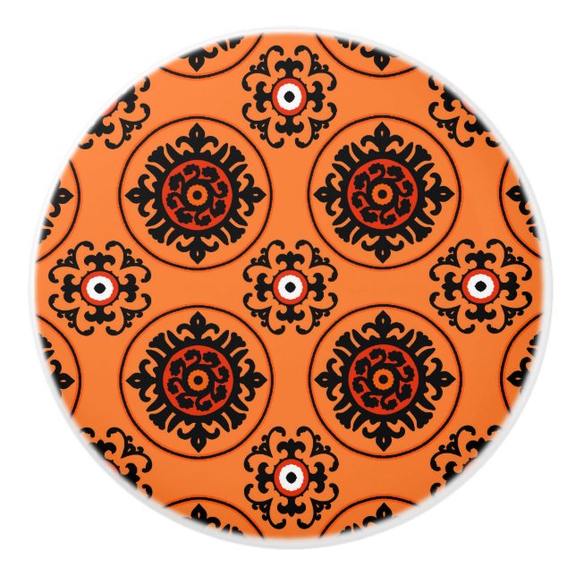 Orange Suzani Pattern Ceramic Knob (Front)