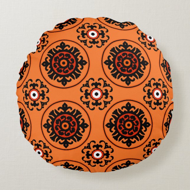 Orange Suzani Pattern Round Pillow (Front)