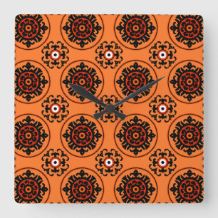 Orange Suzani Pattern Square Wall Clock