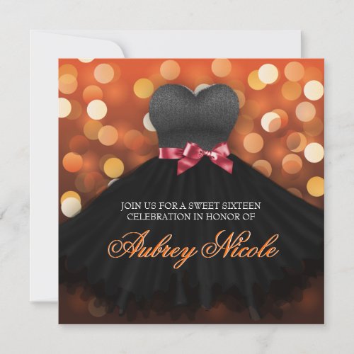 Orange Sweet Sixteen Black Dress Birthday Invite