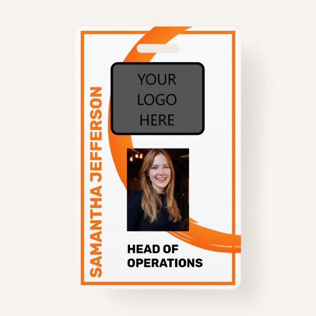 Orange Swirl Employee Name, Photo, Title, Barcode Badge (Front)