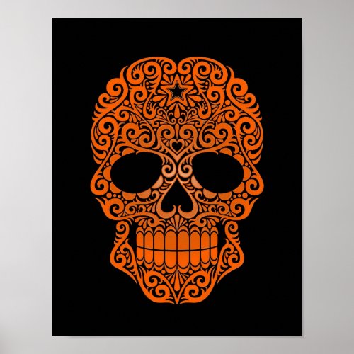 Orange Swirling Sugar Skull on Black Poster