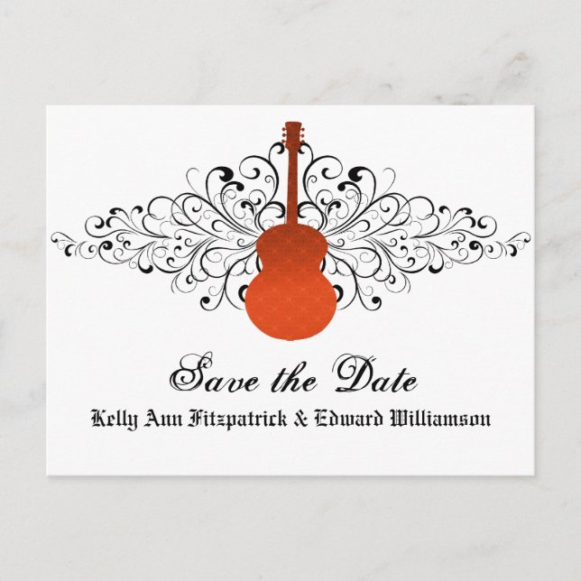 Orange Swirls Guitar Save the Date Postcard (Front)