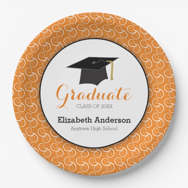Orange Swirls Personalized Graduation Paper Plates (Front)