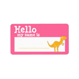 Orange T-Rex Hello My Name is Name Badge Pink Label