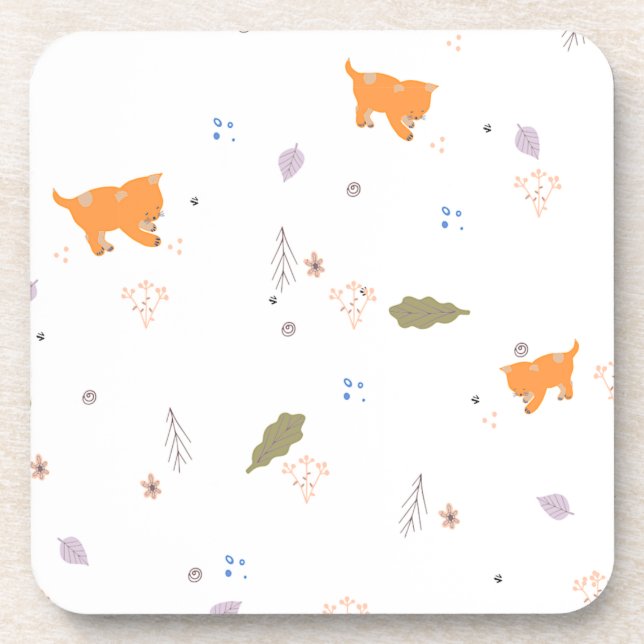 Orange Tabby and Leaves Pattern  Beverage Coaster (Front)