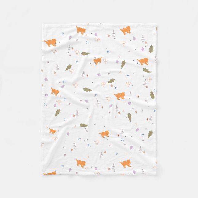 Orange Tabby and Leaves Pattern Fleece Blanket (Front)