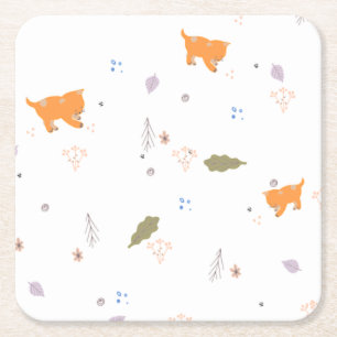 Orange Tabby and Leaves Pattern  Square Paper Coaster