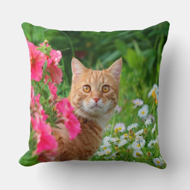 Orange Tabby Cat Among Flowers Throw Pillow (Front)