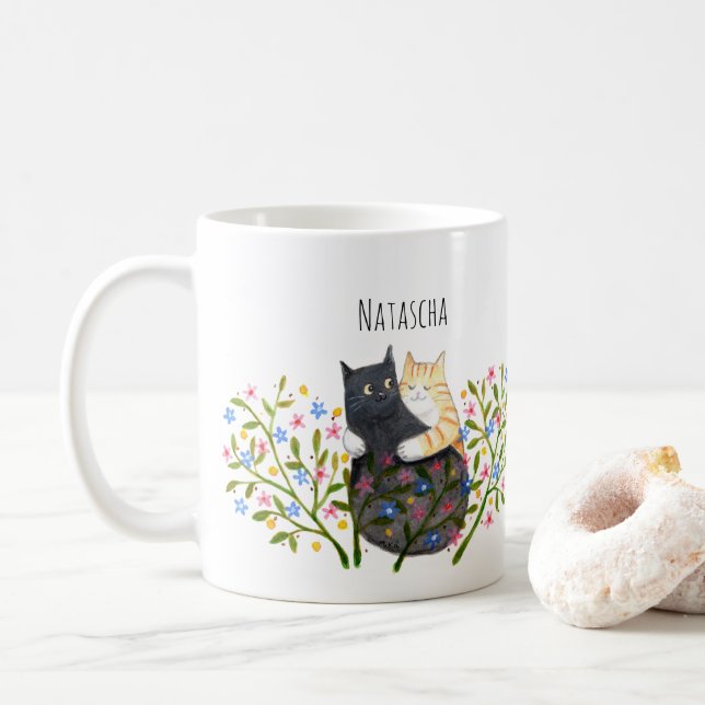 Orange tabby Cat and Black Cat in Flowers Custom Coffee Mug (With Donut)