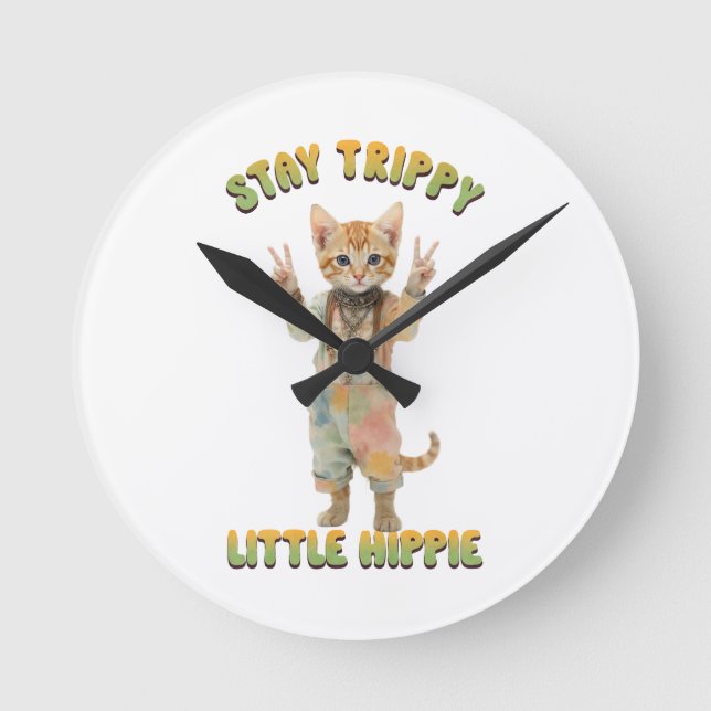 Orange Tabby Cat Boho Stay Trippy Little Hippie  Round Clock (Front)