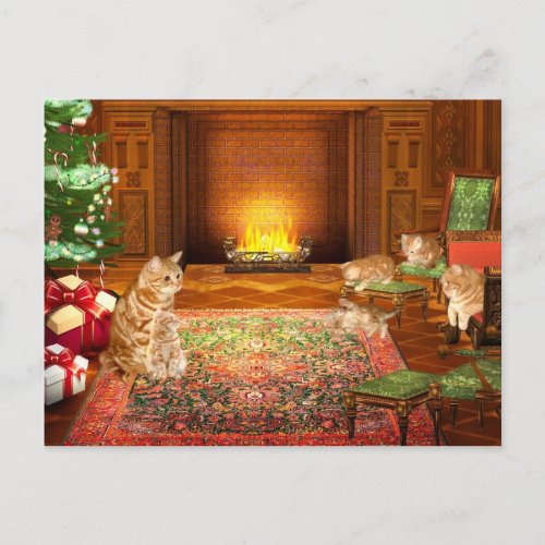 Orange tabby cat Christmas family Holiday Postcard