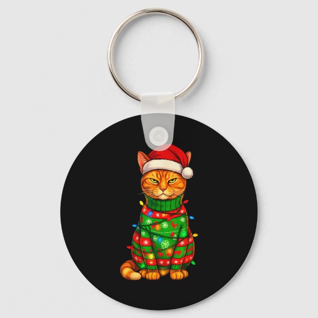 Orange Tabby Cat Christmas Lights Funny Santa Holi Keychain (Front)
