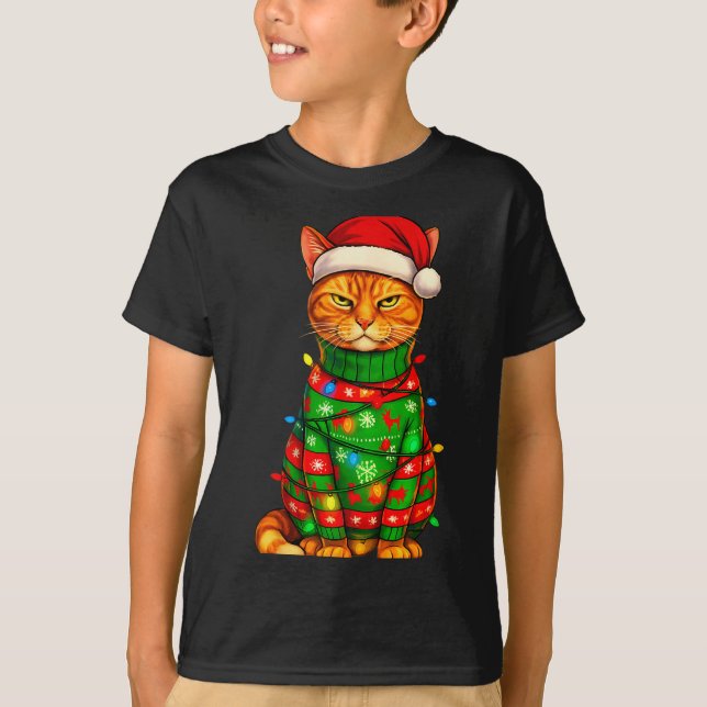 Orange Tabby Cat Christmas Lights Funny Santa Holi T-Shirt (Front)