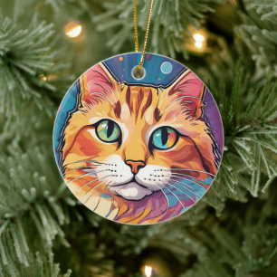 Orange Tabby Cat   Contemporary Colorful Painting Ceramic Ornament