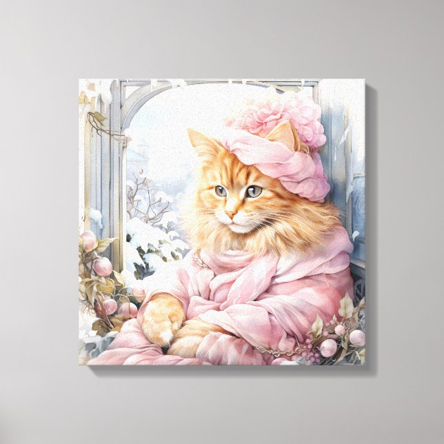Orange Tabby Cat Dressed In Pink In A Window Canvas Print (Front)