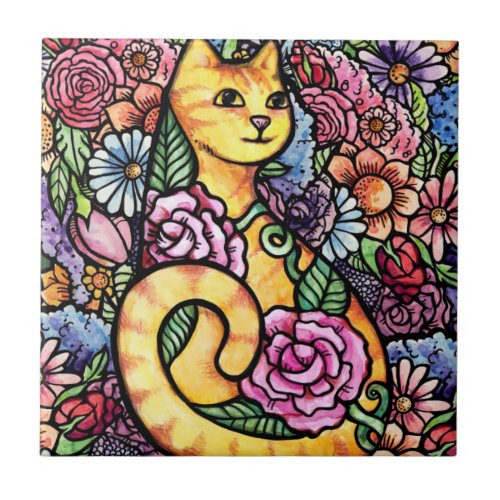 Orange Tabby Cat Flower Garden Ceramic Tile