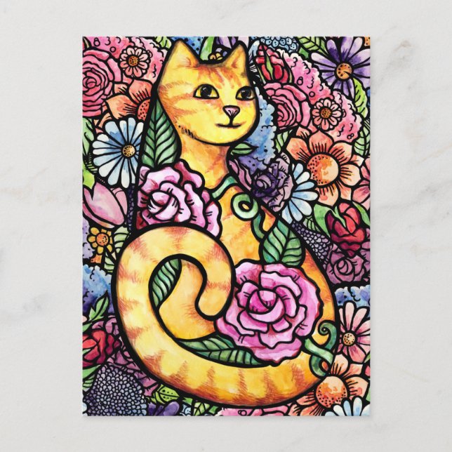 Orange Tabby Cat Flower Garden Holiday Postcard (Front)