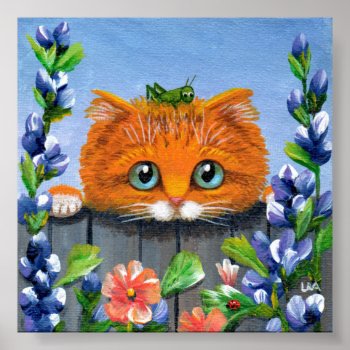 Orange Tabby Cat Grasshopper Flowers Creationarts Poster by Creationarts at Zazzle
