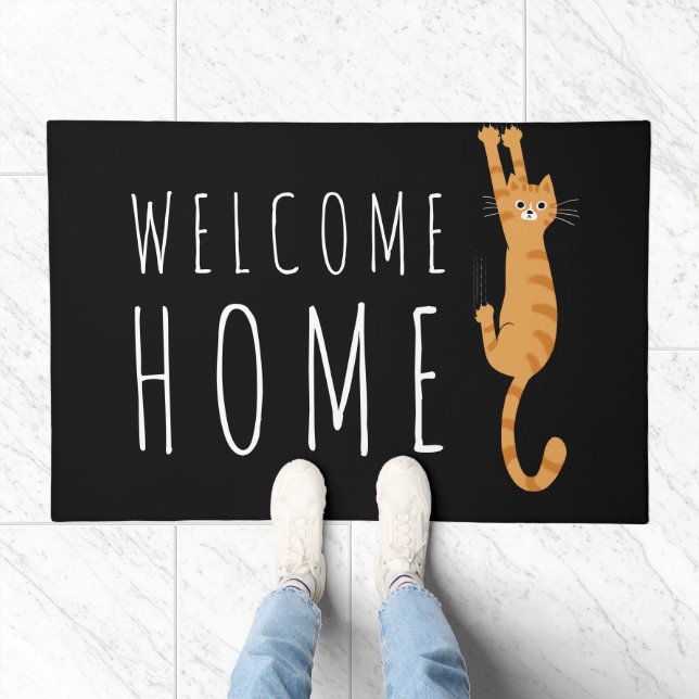  Orange Tabby Cat Hanging On | Funny Striped Cat Doormat (Indoor)
