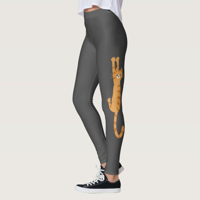  Orange Tabby Cat Hanging On | Funny Striped Cat Leggings (Left)