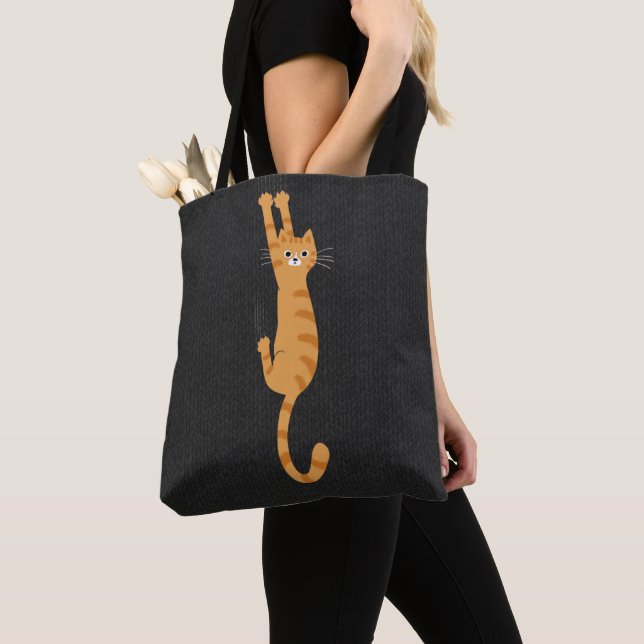  Orange Tabby Cat Hanging On | Funny Striped Cat Tote Bag (Close Up)