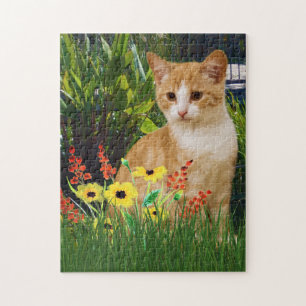 Orange Tabby Cat in Flower Garden Animal Lovers Jigsaw Puzzle