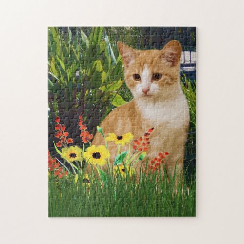 Orange Tabby Cat in Flower Garden  Animal Lovers  Jigsaw Puzzle