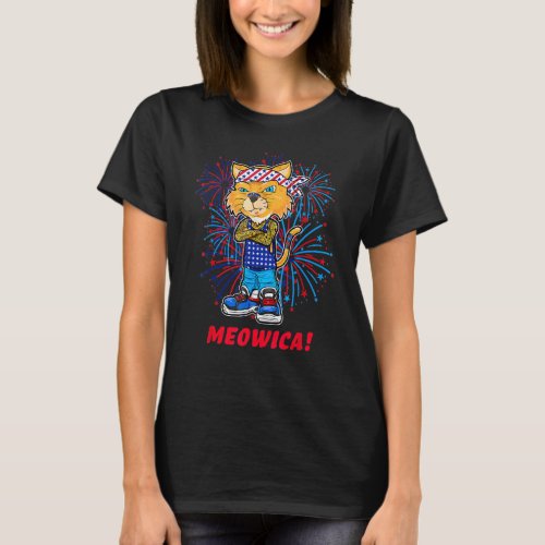 Orange Tabby Cat In Red White Blue July 4th Meowic T_Shirt
