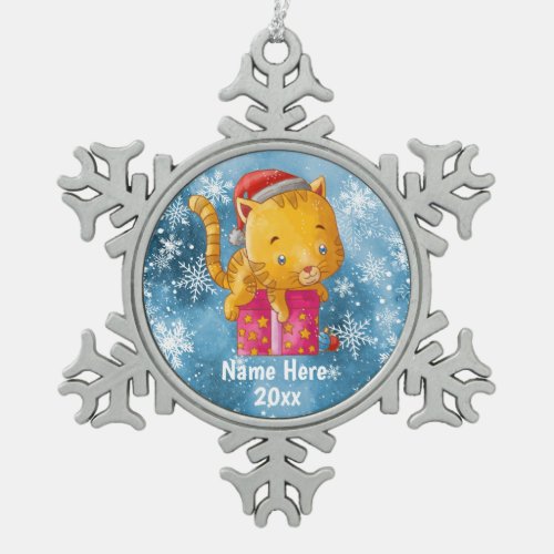 Orange Tabby Cat in Santa Hat with Gift Snowflake Pewter Christmas Ornament