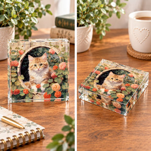 Orange Tabby Cat Kitten Pink Flowers Painting Paperweight