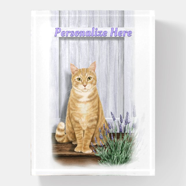  Orange Tabby Cat Lavender Door  Personalized Paperweight (Vertical)