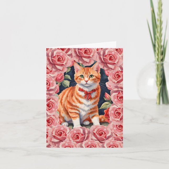 Orange Tabby Cat Meow-tastic Floral Valentine Card (Front)
