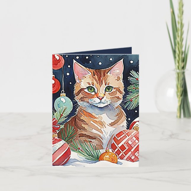 Orange Tabby Cat Meowy Christmas Watercolor Card (Front)