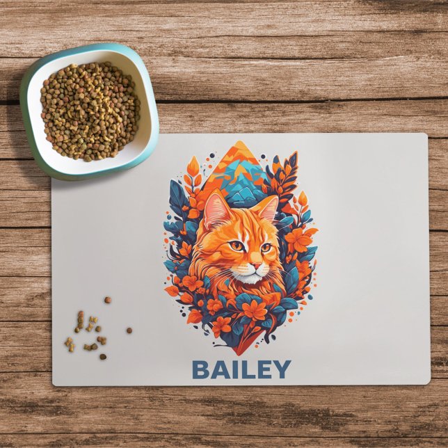 Orange Tabby Cat & Orange Flowers Cat Food Mat (Creator Uploaded)